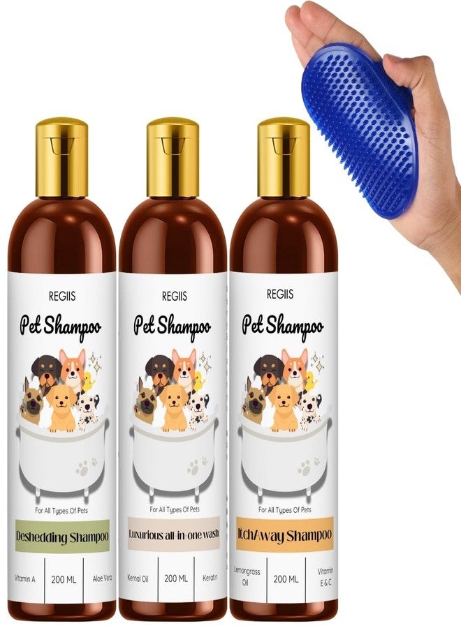 REGIIS Pet Shampoo Set, 3 Pack Dog Shampoo with Massage Brush, Deshedding, Luxurious All-in-One Wash, Itch Away Formula, 200ml Bottles(4 Pack) - Image 1